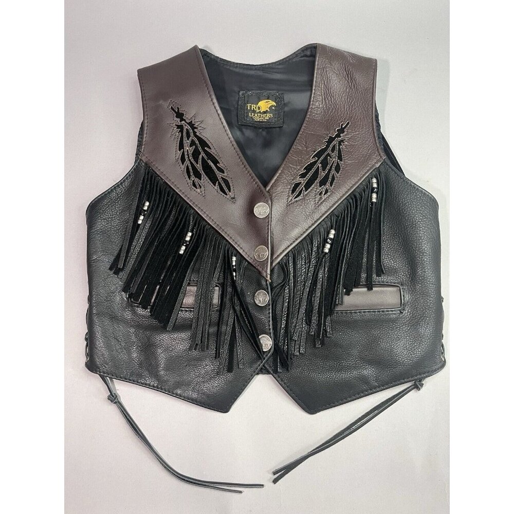 TRD Leathers Women's Black Biker Vest Fringe Eagle Inlay Buffalo Nickle Buttons